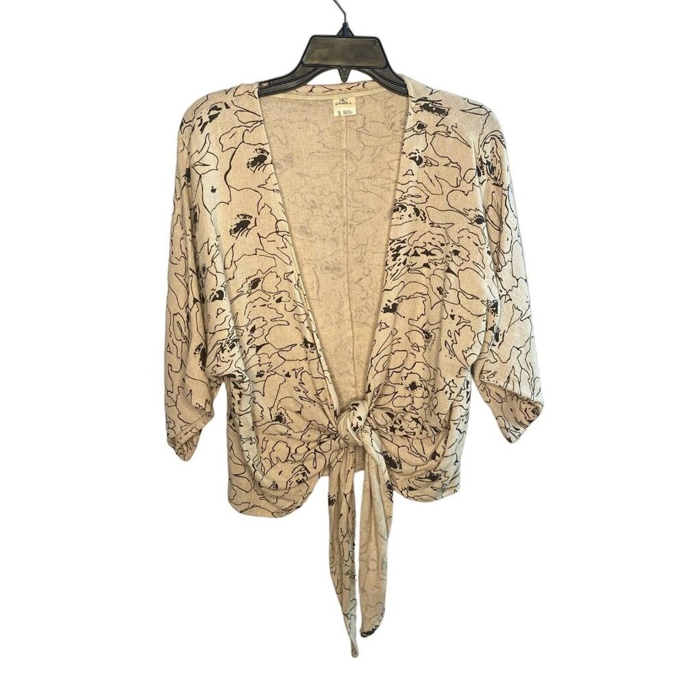 O’Neill Women's Small Cropped Kimono Top Adjustable Tie Front Cream Black Floral